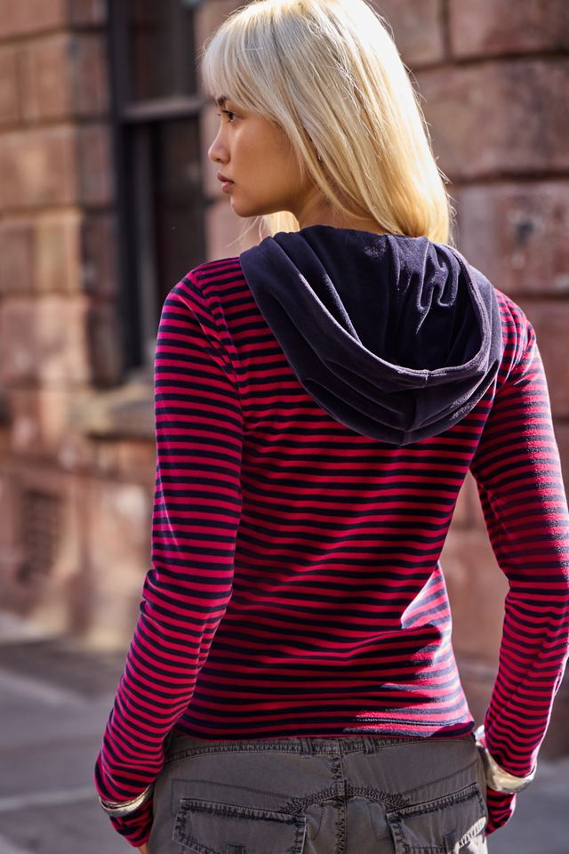 BDG Bekki Streifen Zip-Through Velour Kapuzenpullover #3