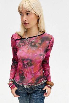 Silence + Noise Top a Maniche Lunghe Drae in Mesh Stampato
