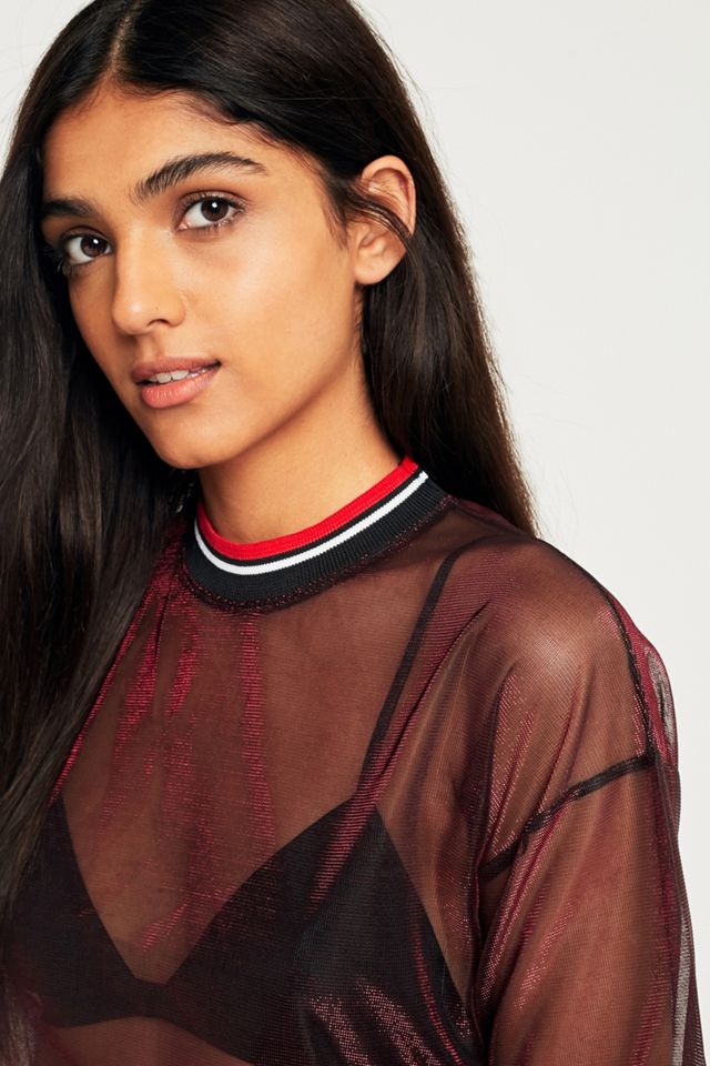 Light Before Dark Striped Neck Liquid Mesh T-Shirt #1