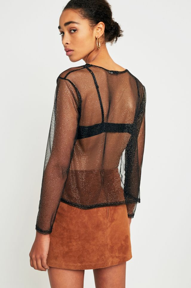 Light Before Dark Gold Glitter Mesh Long Sleeve Top #2