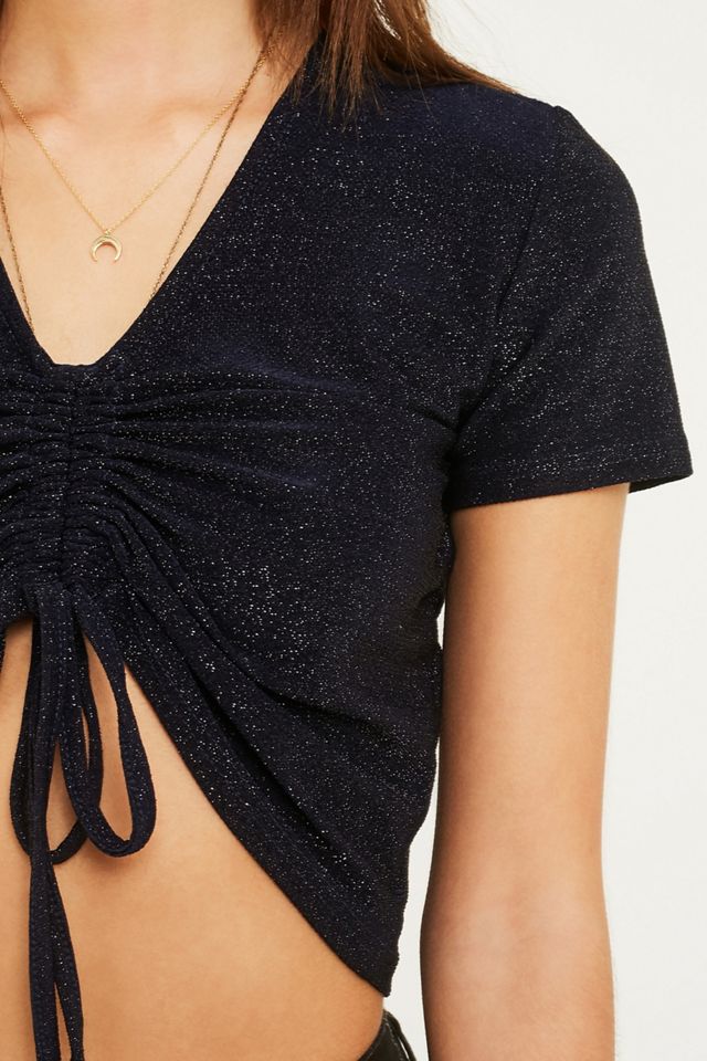 UO Short-Sleeve Ruched Front Shimmer Navy T-Shirt #1