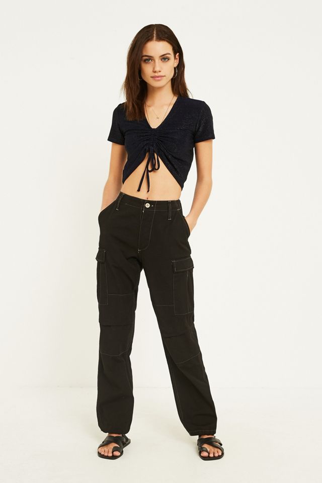 UO Short-Sleeve Ruched Front Shimmer Navy T-Shirt #2