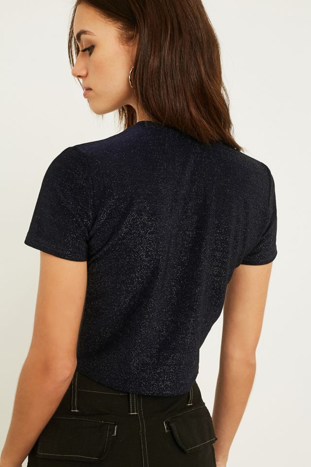 UO Short-Sleeve Ruched Front Shimmer Navy T-Shirt #3