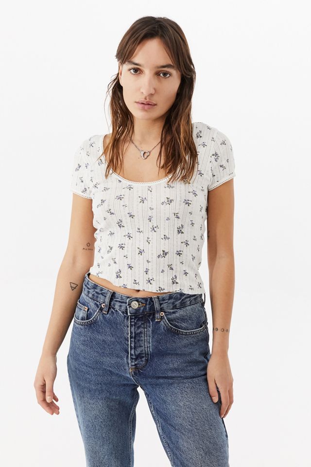 UO Ditsy Floral Pointelle Scoop Neck Top Urban Outfitters UK