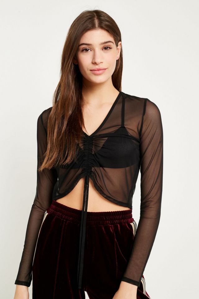 UO Sheer Mesh Tie Front Ruched Black Crop Top