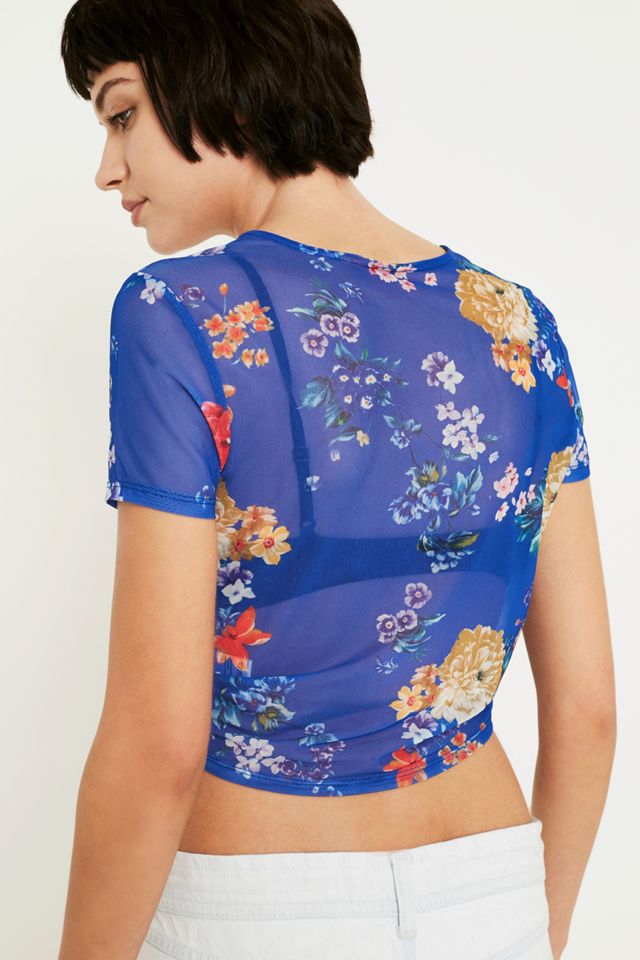 UO Cinched Blue Floral Short-Sleeve Mesh Crop Top #2