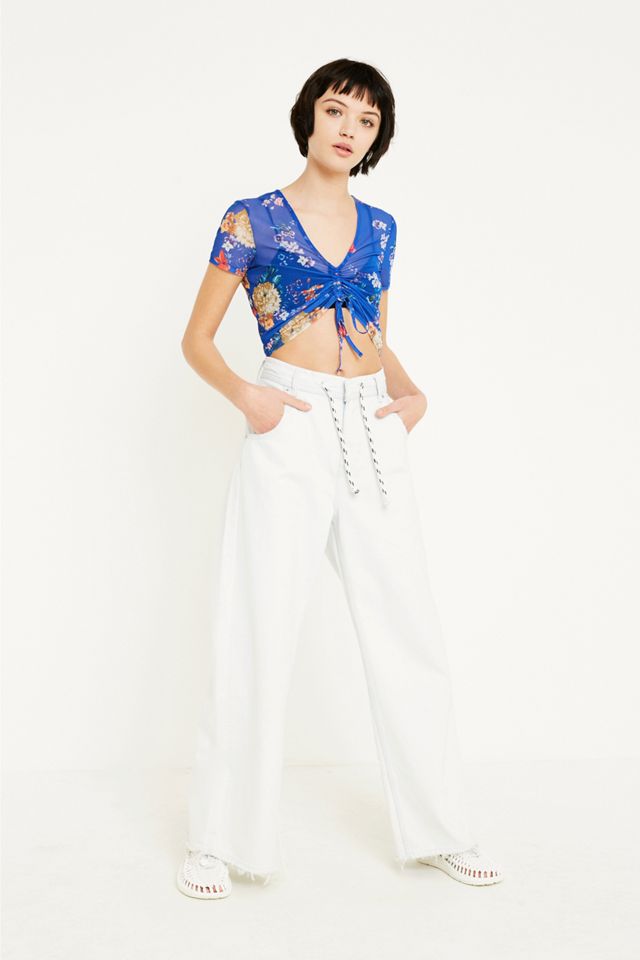 UO Cinched Blue Floral Short-Sleeve Mesh Crop Top #3