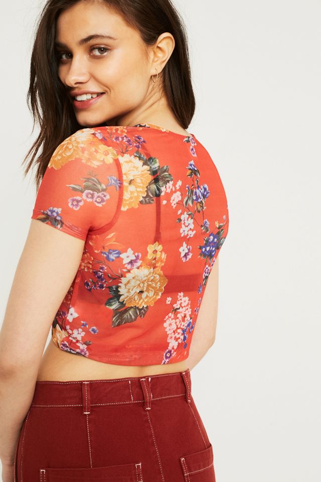 UO Cinched Floral Short-Sleeve Mesh Crop Top #3