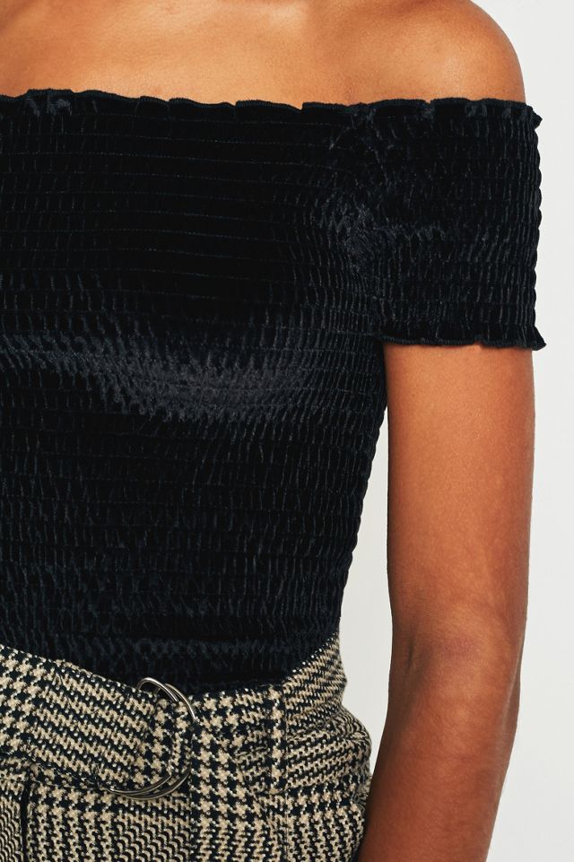 Light Before Dark Bardot Velvet Smocked Off-the-Shoulder Top #1