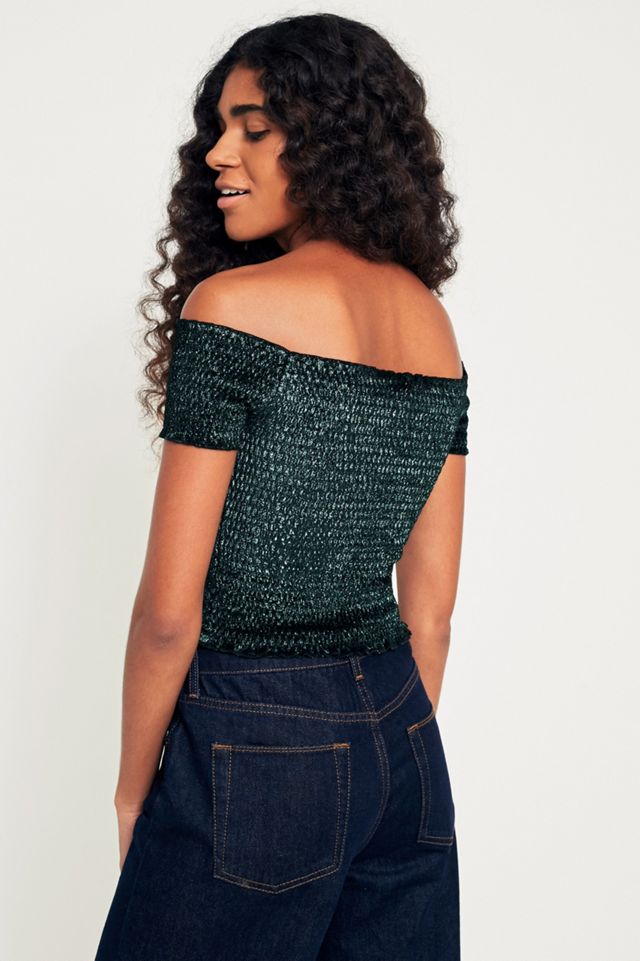 Light Before Dark Bardot  Off-the-Shoulder Glitter Smocked Top #3