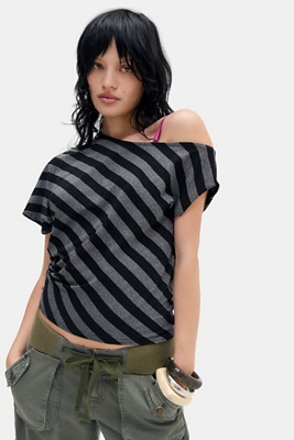 Silence + Noise,Urban Outfitters Silence + Noise Livia Off-Shoulder T-Shirt - Dark Grey M