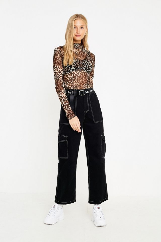 UO Leopard Print Long-Sleeve Mesh Funnel Neck Top #3