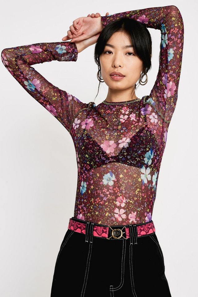 UO Purple Flower Print Mesh Crew Neck Top #1