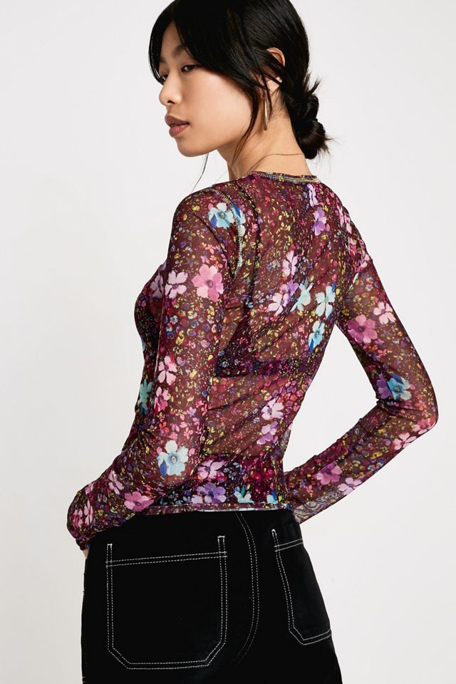 UO Purple Flower Print Mesh Crew Neck Top #3