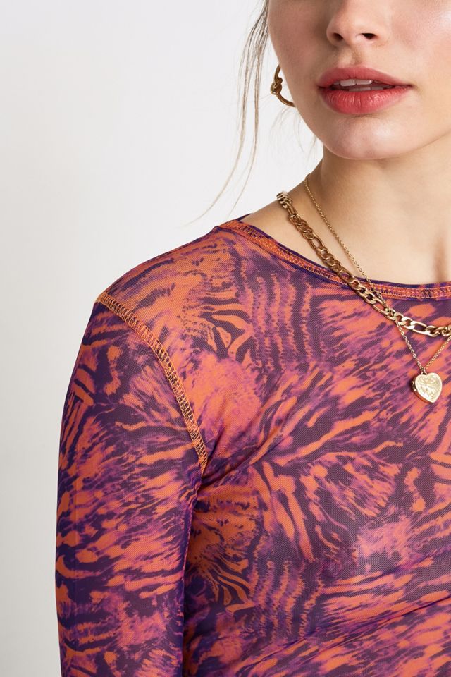UO Pink Fluorescent Tiger Print Mesh Crew Neck Top #1