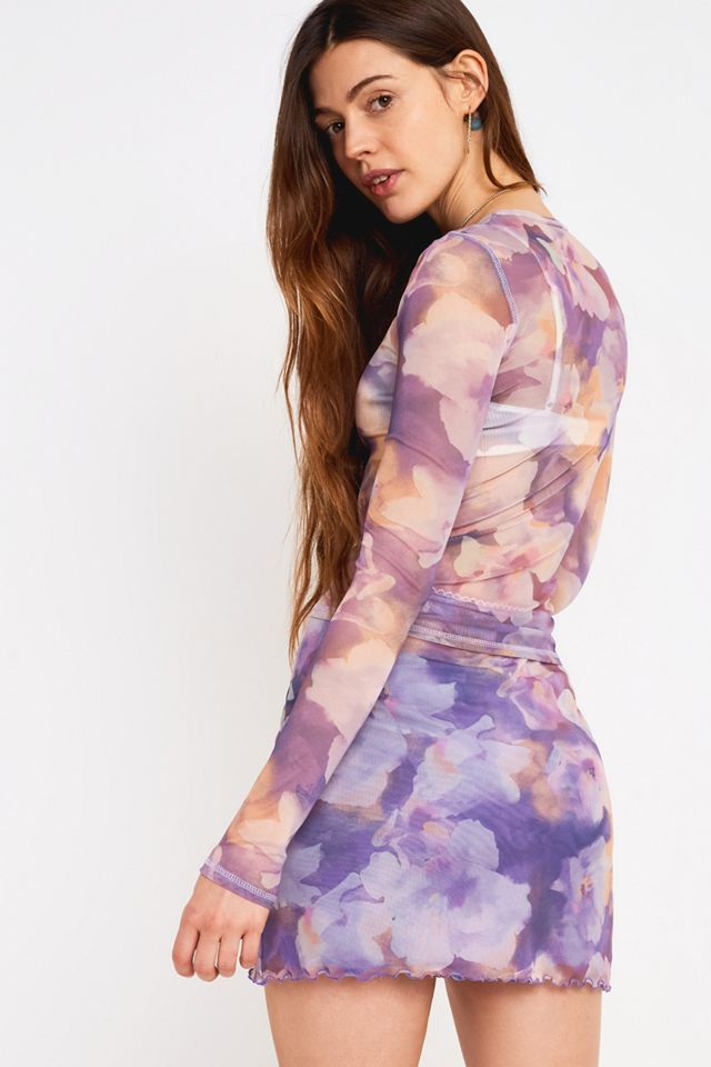 UO '90s Lilac Floral Print Mesh Crew Neck Top #3