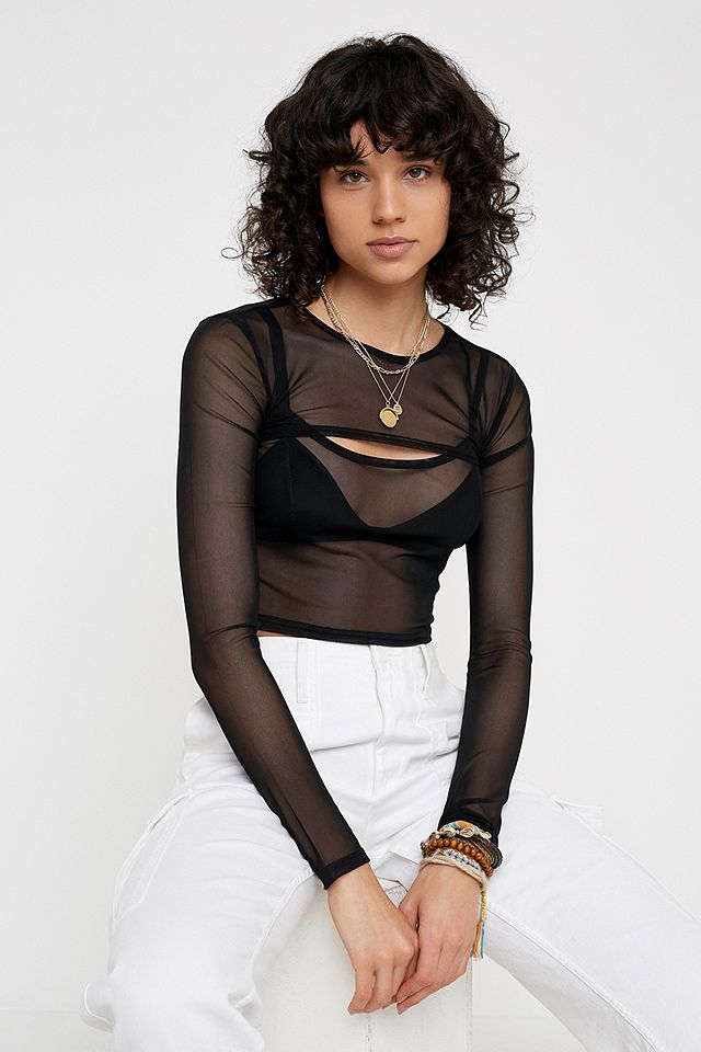 UO Black Double Layer Mesh Long-Sleeve Top