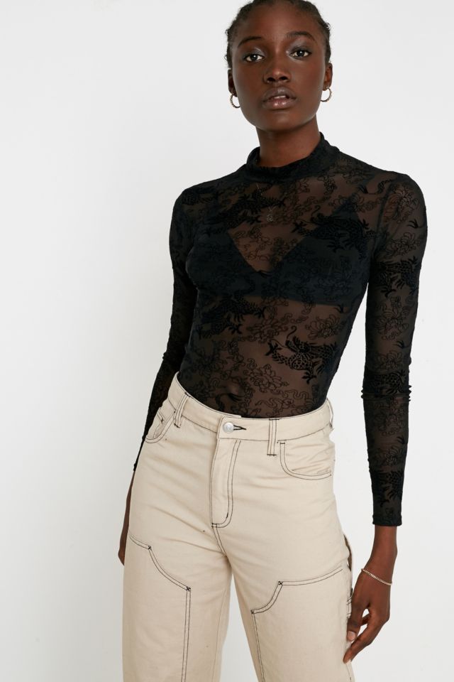 UO Dragon Flocked Funnel Neck Top | Urban Outfitters UK