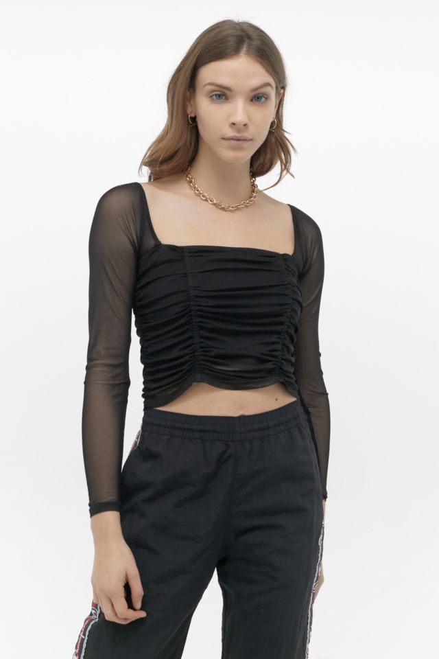 Urban Outfitters Uo Liana Mesh Long Sleeve Cropped Top in Black