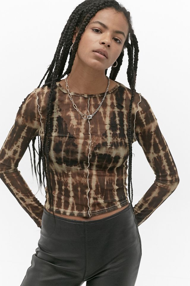 UO Brown Tie-Dye Mesh Lettuce Edge Top