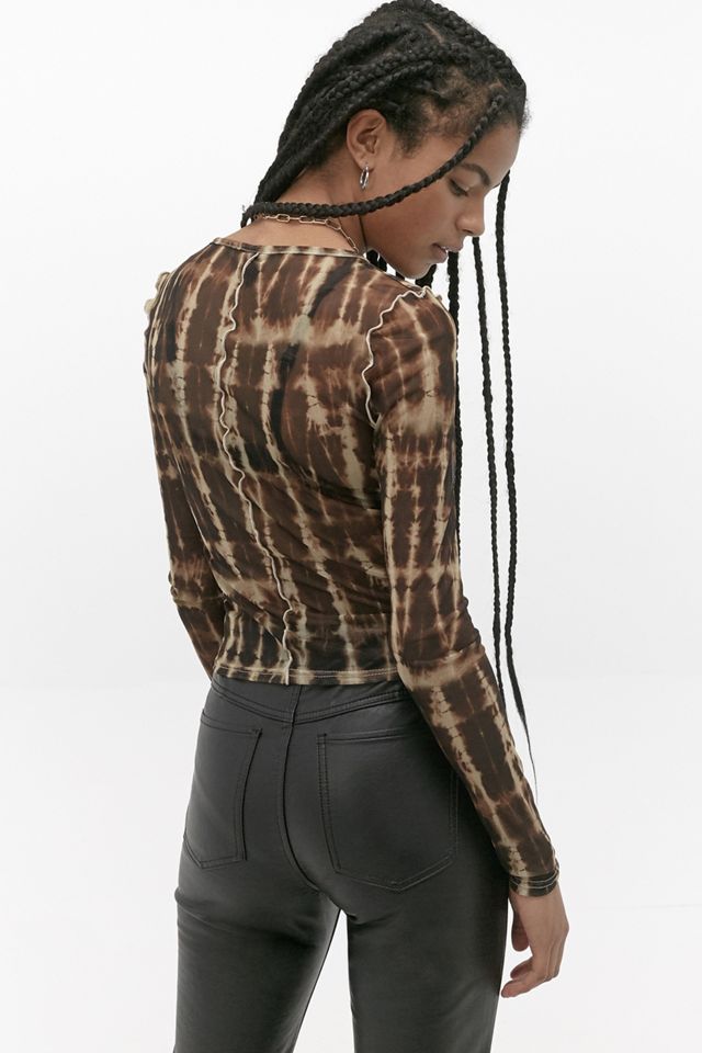 UO Brown Tie-Dye Mesh Lettuce Edge Top #1