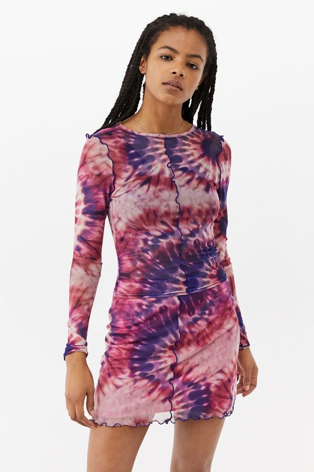 UO Pink Tie-Dye Lettuce Edge Mesh Top #1