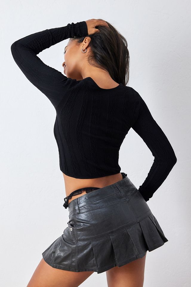 UO Long-Sleeved Textured Tie Front Crop Top #2