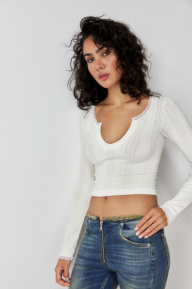 UO Go For Gold Pointelle Notched Long-Sleeved Longline Top #3