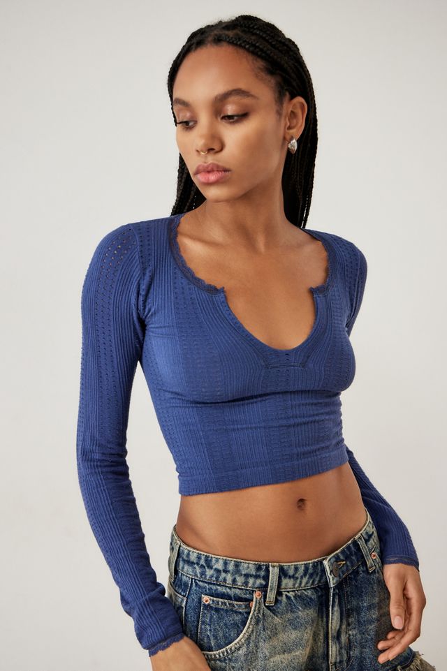 UO Go For Gold Pointelle Notched LongSleeved Longline Top Urban