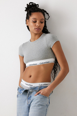 Calvin Klein Crop Top Shirt Womens Small Gray Long Sleeve Graphic Logo  Casual