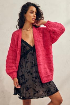 UO Chunky Knit Balloon Sleeve Cardigan - Pink XS at Urban Outfitters
