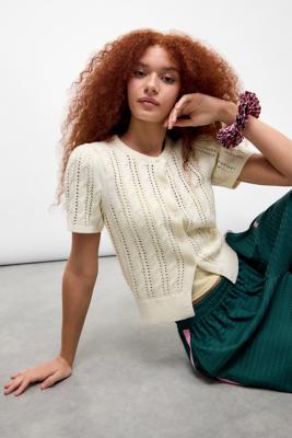 UO Vivian Short Sleeve Cable Knit Cardigan - White XS at Urban Outfitters