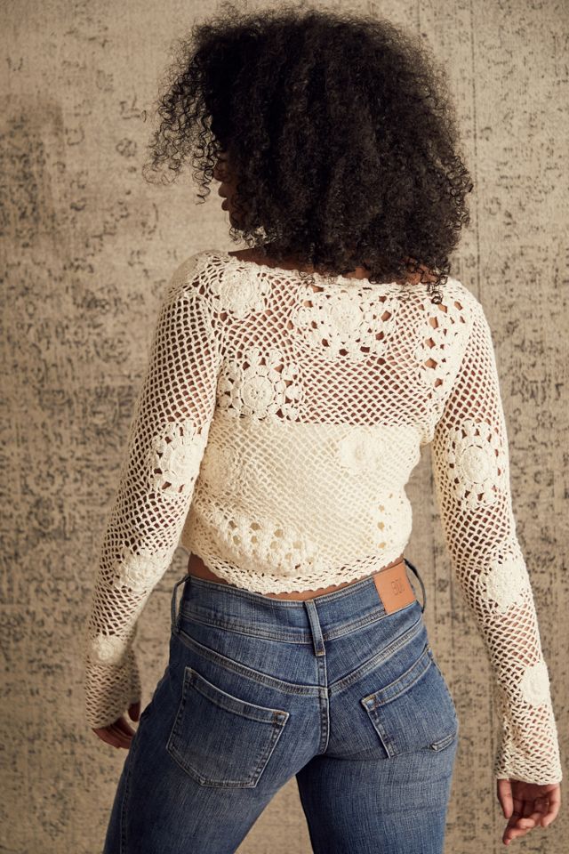 Crystal Grid White Crochet Long Sleeve Crop Top