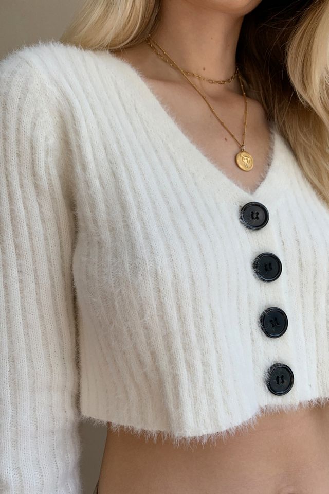 UO Rochelle Fuzzy White Cropped Cardigan #2