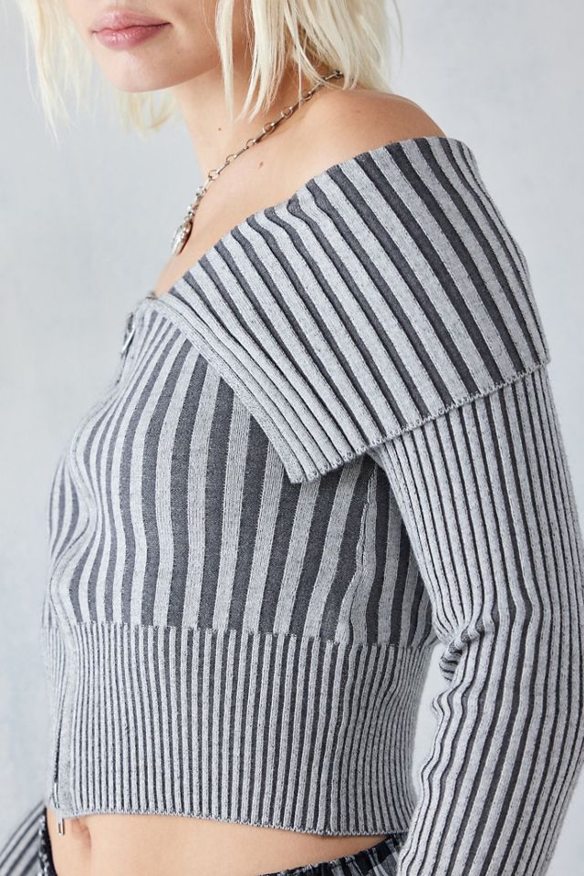 UO Plated Knit Zip-Through Bardot Top #1