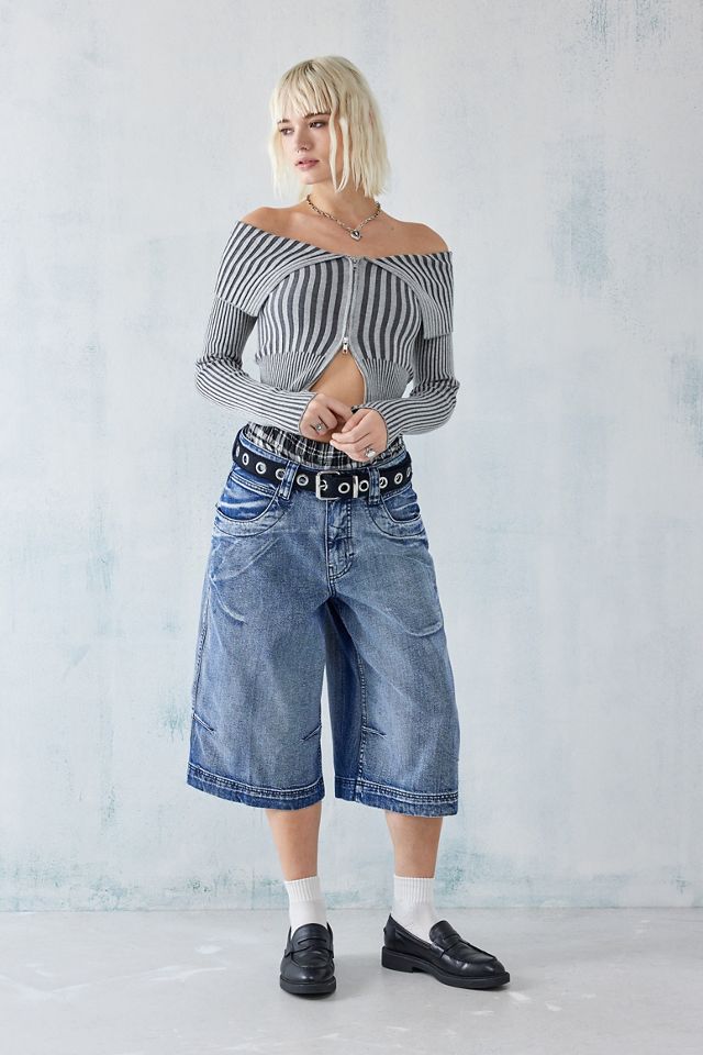 UO Plated Knit Zip-Through Bardot Top #2