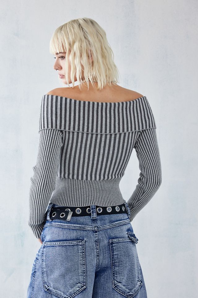 UO Plated Knit Zip-Through Bardot Top #3
