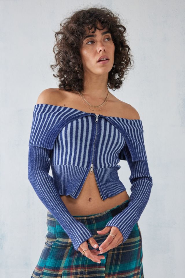 UO Plated Knit Zip-Through Bardot Top | Urban Outfitters UK