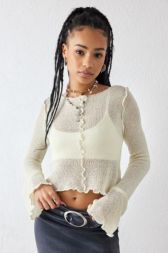 UO Boucle Knit Lettuce-Edge Top | Urban Outfitters UK