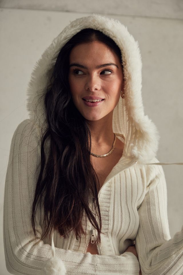 UO Pom Pom Cropped Hooded Cardigan  #2