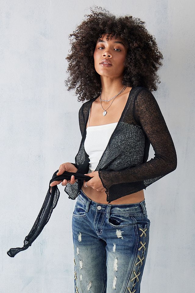 UO Sheer Boucle Multi-Wear Tie-Front Top | Urban Outfitters UK