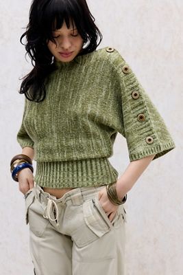 Pull col en V avec boutons vert anis femme | Cache Cache