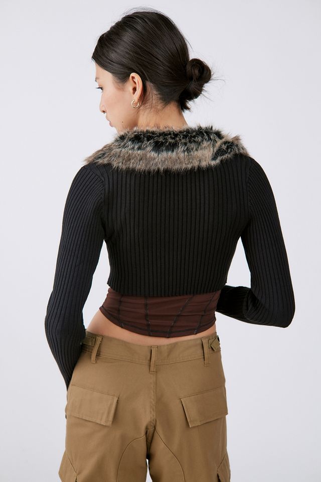 UO Izzy Kunstfell-Kragen Kurz-Strickjacke #1