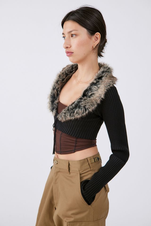 UO Izzy Kunstfell-Kragen Kurz-Strickjacke #3