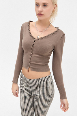 UO Lala Ruffle Cardigan - Khaki XL at Urban Outfitters