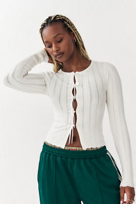 Kimchi Blue Peyton Pointelle Knit Bow Cardigan - Cream S at Urban Outfitters