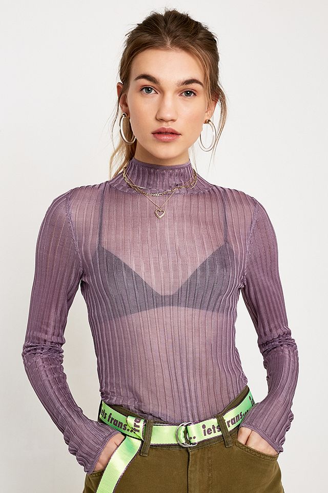 UO Ginger Sheer Mock Neck Ribbed Top | Urban Outfitters UK