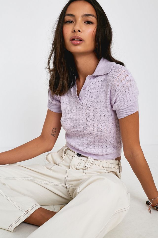 UO Rue Pointelle Knit Short-Sleeve Polo Shirt
