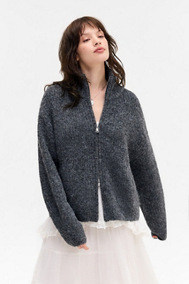 UO Finn Funnel Neck Zip-Through Cardigan - Grey XS at Urban Outfitters