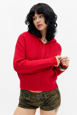 UO Tyler Button-Through Hoodie - Red M at Urban Outfitters